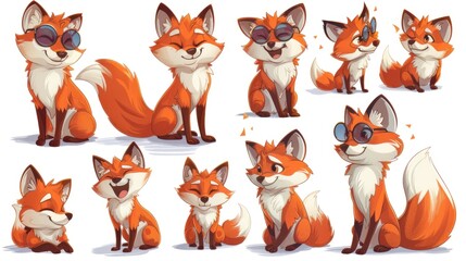 Obraz premium A collection of cute cartoon foxes displaying various happy expressions and poses.
