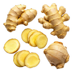 A collection of raw ginger root pieces, including one whole root, one sliced root, and two sets of thin ginger slices, isolated against a white background