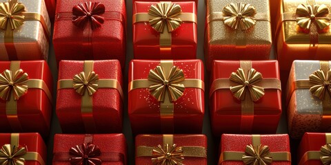 Red and gold Christmas gifts and baubles arranged neatly on a white background. Holiday gift wrapping concept.