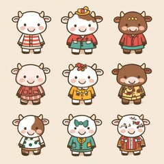 Fototapeta premium A grid of cute cartoon cows in various outfits and expressions.