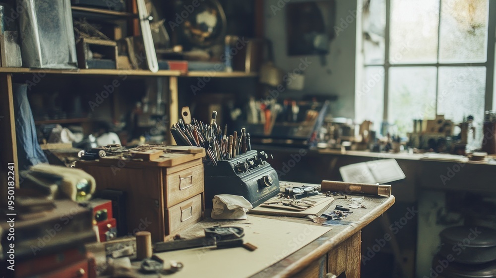 Poster tools and supplies on a wooden table in a workshop