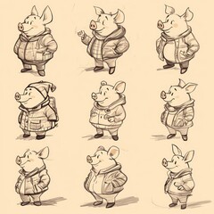 A collection of stylized pig characters in various outfits and poses.