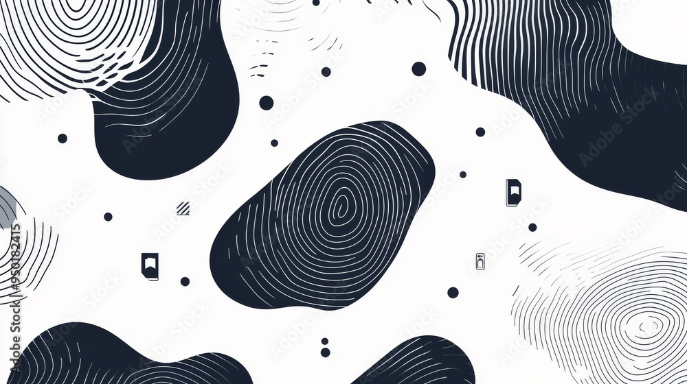 Poster abstract black and white pattern with circles and lines.