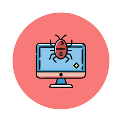 Naklejka premium Computer with bug icon illustration, cybersecurity threat, virus on monitor, red and blue color scheme