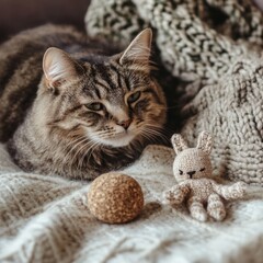 A cat resting next to a selection of eco-friendly toys, including a cork ball and a handmade wool mouse, on a cozy woolen blanket