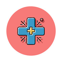 Obraz premium Medical cross icon illustration, healthcare symbol with blue and yellow design, red background