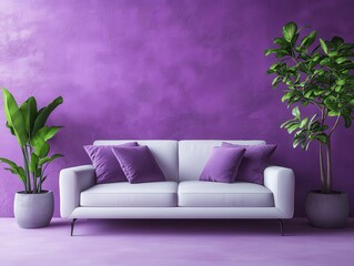 Modern living room with white sofa and purple decor
