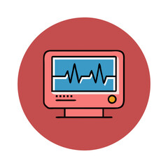 Heartbeat monitor icon illustration, medical device for patient monitoring, flat design with red background
