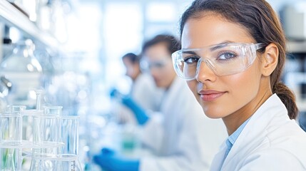 Female scientist with protective goggles in a busy laboratory, surrounded by scientific equipment and colleagues.