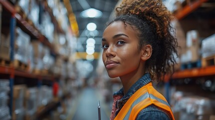 Efficient Female Warehouse Worker Using Tablet to Manage Inventory with Boxes Stacked on Shelves