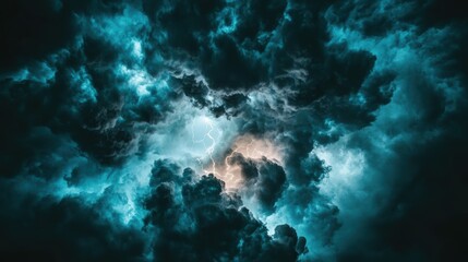 Fototapeta premium Close-up of turbulent storm clouds with lightning striking, highlighting the dramatic and chaotic energy of the storm.
