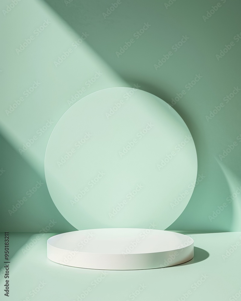 Aufkleber Minimalist Mockup - Soft White Circular Podium on Pastel Teal Background with Diffused Lighting and Gentle Shadows