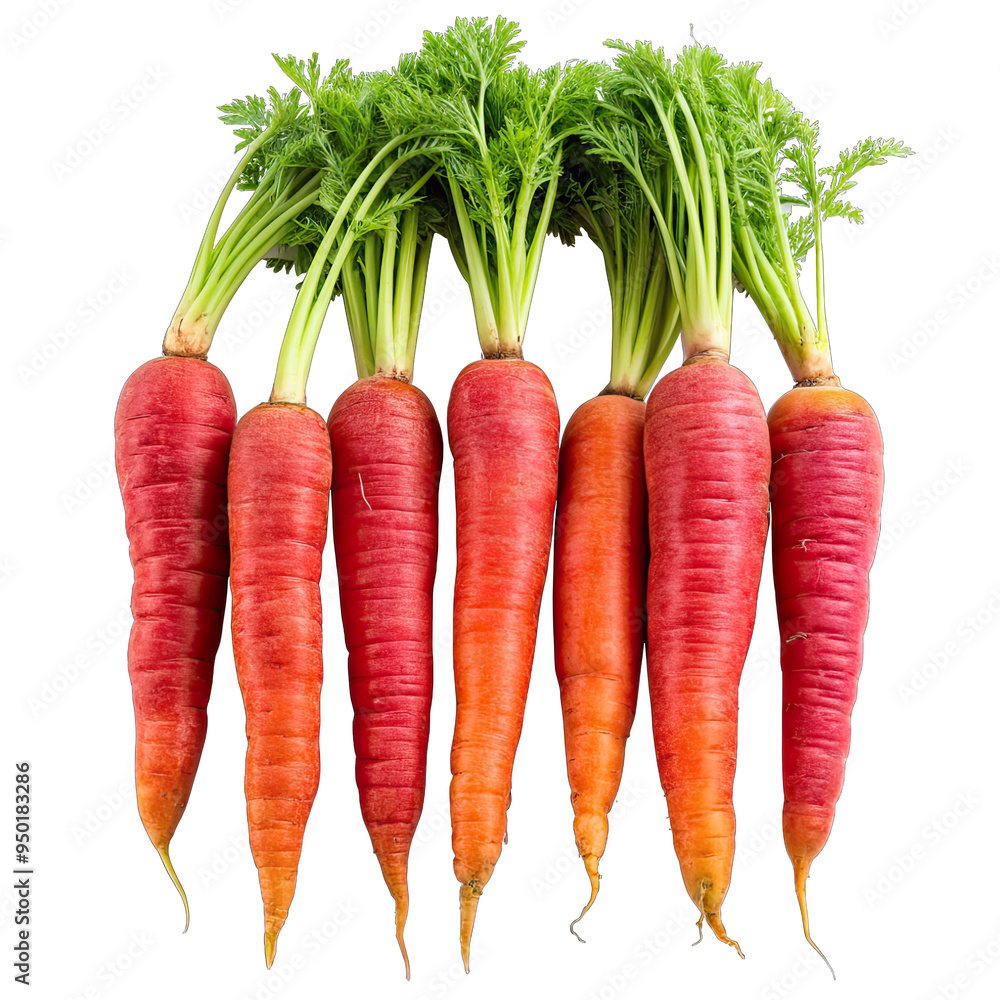 Aufkleber seven red carrots with green tops are displayed in a row on a white background
