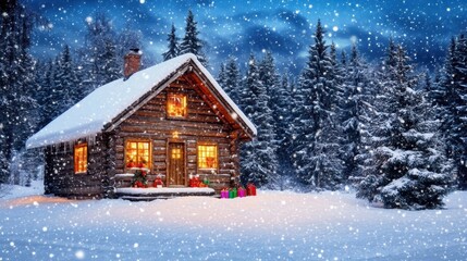 Cozy wooden cabin in a snowy forest, illuminated with warm light during a winter night, surrounded by snow-covered trees and gift boxes. Christmas holiday concept.
