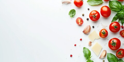 Ingredients for an Italian pasta dish, including spaghetti, cherry tomatoes, garlic, and basil, arranged creatively on a white background.