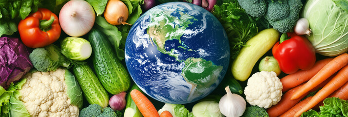 A vibrant close-up of fresh vegetables artistically arranged around a subtle Earth globe, highlighting the global impact of vegetarianism for World Vegetarian Day, using natural lighting.