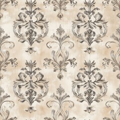 Fototapeta premium Vintage Baroque ornate scroll pattern on vintage beige fabric background, seamless repeating pattern, textile print style, minimal, Baroque design, seamless scroll pattern, home decor, textile
