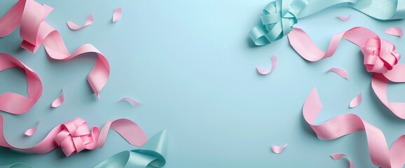 Obraz premium Pastel Pink and Blue Ribbons on a Light Blue Background