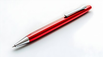 Vibrant Red Ballpoint Pen Resting on Minimalist White Surface