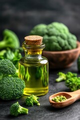 A bottle of broccoli seed oil next to fresh broccoli on a dark background, showcasing natural beauty and health benefits.