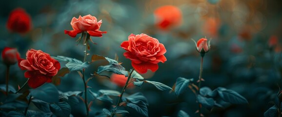 Obraz premium Blooming Red Roses in a Lush Garden