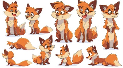 Fototapeta premium A collection of cartoon fox character poses and expressions for illustration or animation.