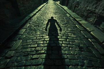 vampire shadow stretches across a cobblestone street. image explore the allure of immortality and the darkness of the soul