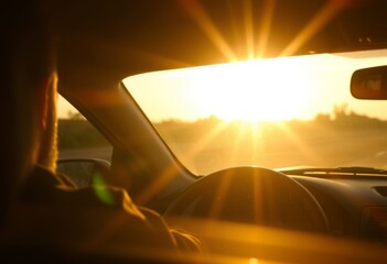 Golden Hour Warm golden light streaming through the windshield i