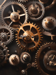 Close-up view of interlocking metallic gears and cogs, showcasing the intricate mechanics of machinery and engineering concepts.