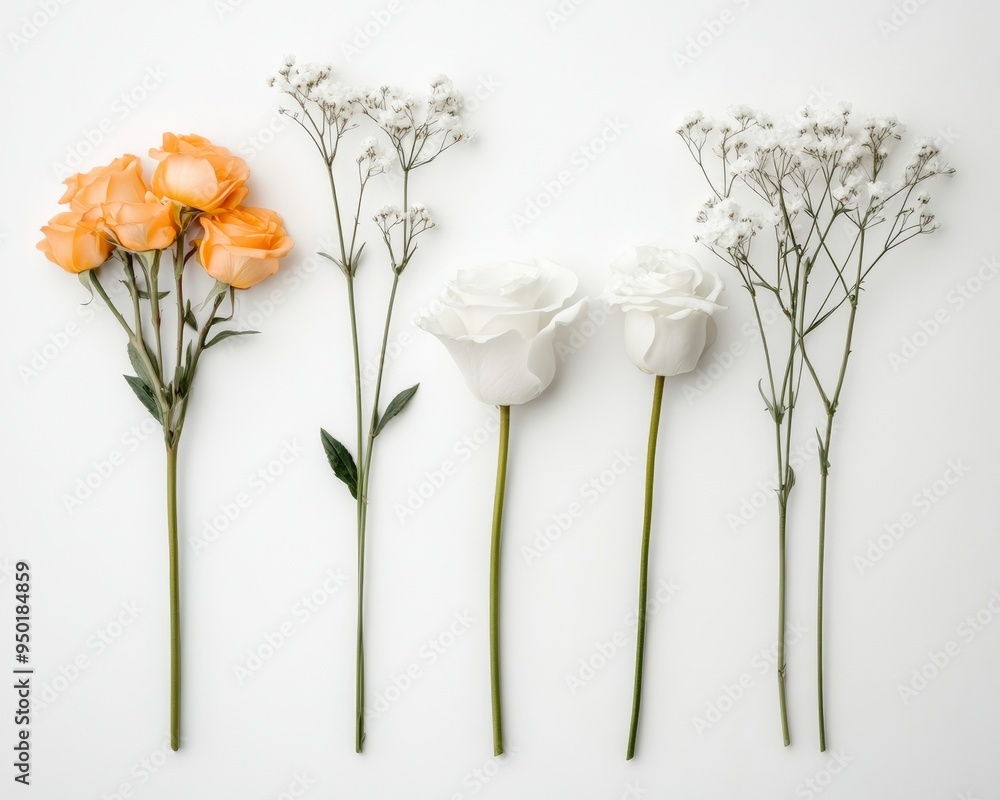 Poster elegant floral outline design featuring various roses and lilies on a plain background for artwork p