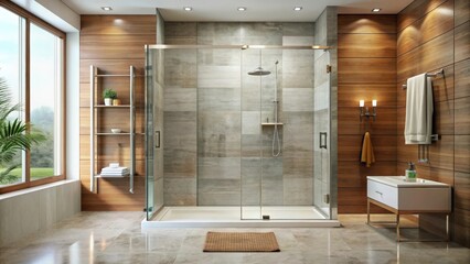 Modern shower with clear glass doors , bathroom, interior, sleek, clean,luxury, contemporary, design, tiles, reflection