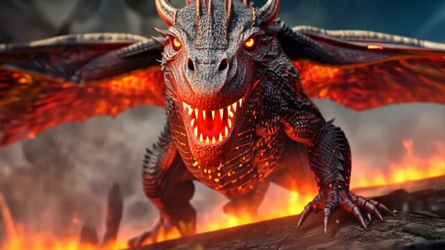 Fiery Dragon Soaring Above the Lava: A magnificent black dragon with fiery wings and blazing eyes, perched majestically on a volcanic ridge, evokes power, intensity, and the raw beauty of mythical cre