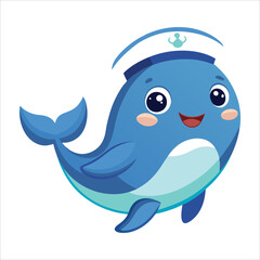 Sticker of a Playful Whale with a Sailor Hat - Kawaii Contour Vector on White Background
