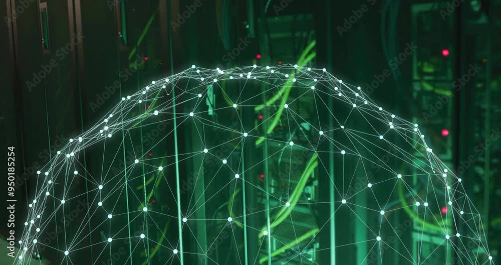 Poster network connections and data processing animation over server racks with cables