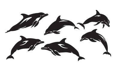 Naklejka premium Collection of Dolphin Silhouettes in Various Poses Isolated on White Background