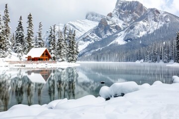 A cabin is surrounded by snow and trees, with a lake in the background. The scene is peaceful and serene, with the snow-covered landscape creating a sense of calm and tranquility