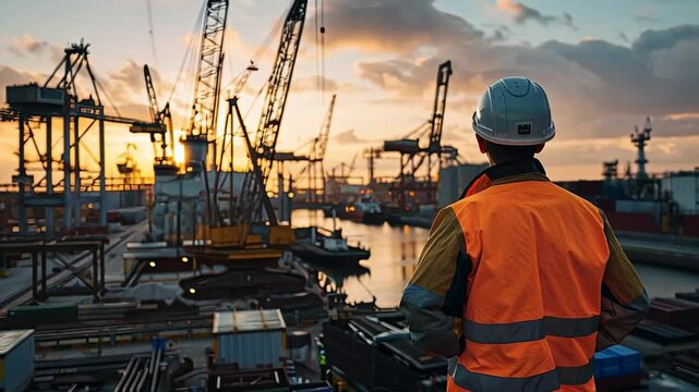 Golden Hour at the Shipyard: A lone worker surveys the bustling shipyard as the sun sets, casting a warm glow over the cranes and cargo ships. 
