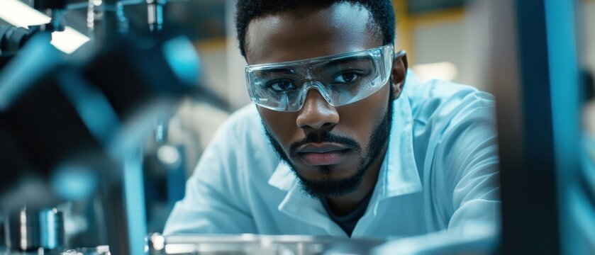 Black engineer conducting quality checks on CNC-machined components in a high-tech manufacturing plant precise and focused
