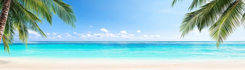 Fototapeta premium Relaxing tropical beach vacation scene with palm trees and turquoise water under a clear sky