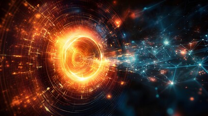 Obraz premium Digital background with swirling patterns of light and scientific icons, capturing the essence of innovation in science