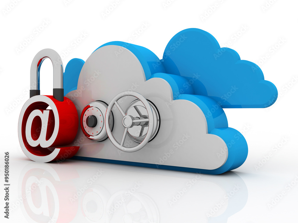 Poster 3d rendering e-mail symbol protection lock with cloud. internet security concept