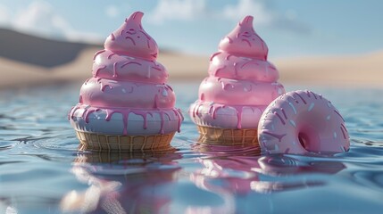 Enjoying a sunny summer day with inflatable ice cream pool floats in a tranquil water setting