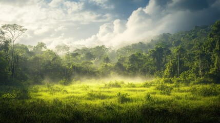 Tropical rainforest transforming into savanna due to climate change vibrant wildlife lush vegetation with stark contrast showing evolving ecosystems and shifting weather patterns