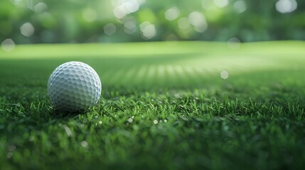 Obraz premium Close up professional golf ball on green grass field. Sunlight on the meadow. Golf competition club. Outdor lesure.Sport lifestyle background. Copy space.