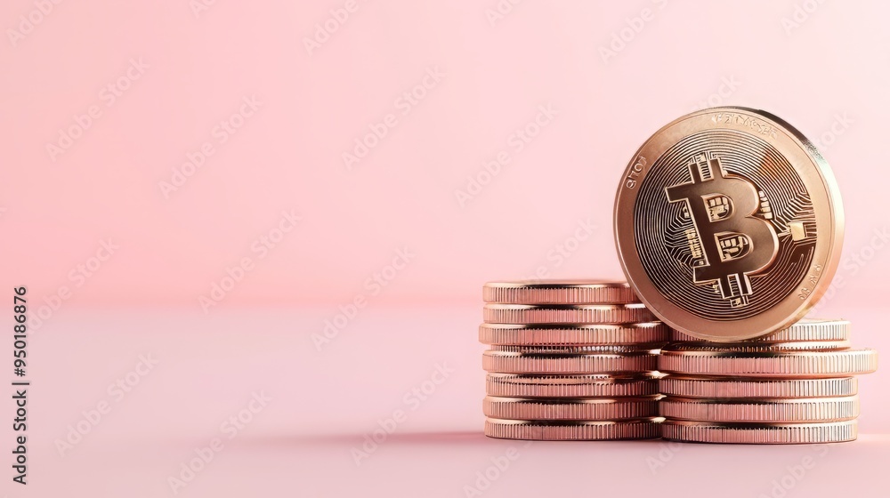 Poster stack of bitcoin coins on a soft pink background, highlighting modern cryptocurrency and digital fin
