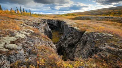 Obraz premium Thawing permafrost revealing ancient landscapes with shifting ecosystems affected by rising temperatures vividly illustrating the environmental changes and impacts of global warming