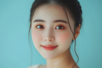 Naklejka premium Positive female smiling on solid background