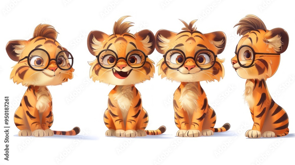 Canvas Prints A cute illustration of cartoon tiger cubs in various poses, showcasing playful expressions.