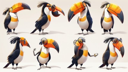 A collection of cartoon toucans showcasing various expressions and poses.