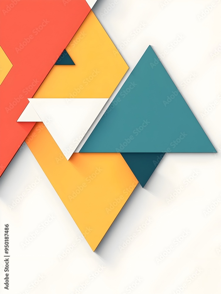 Poster vivid geometric composition with overlapping triangles and trapezoids on clean white background